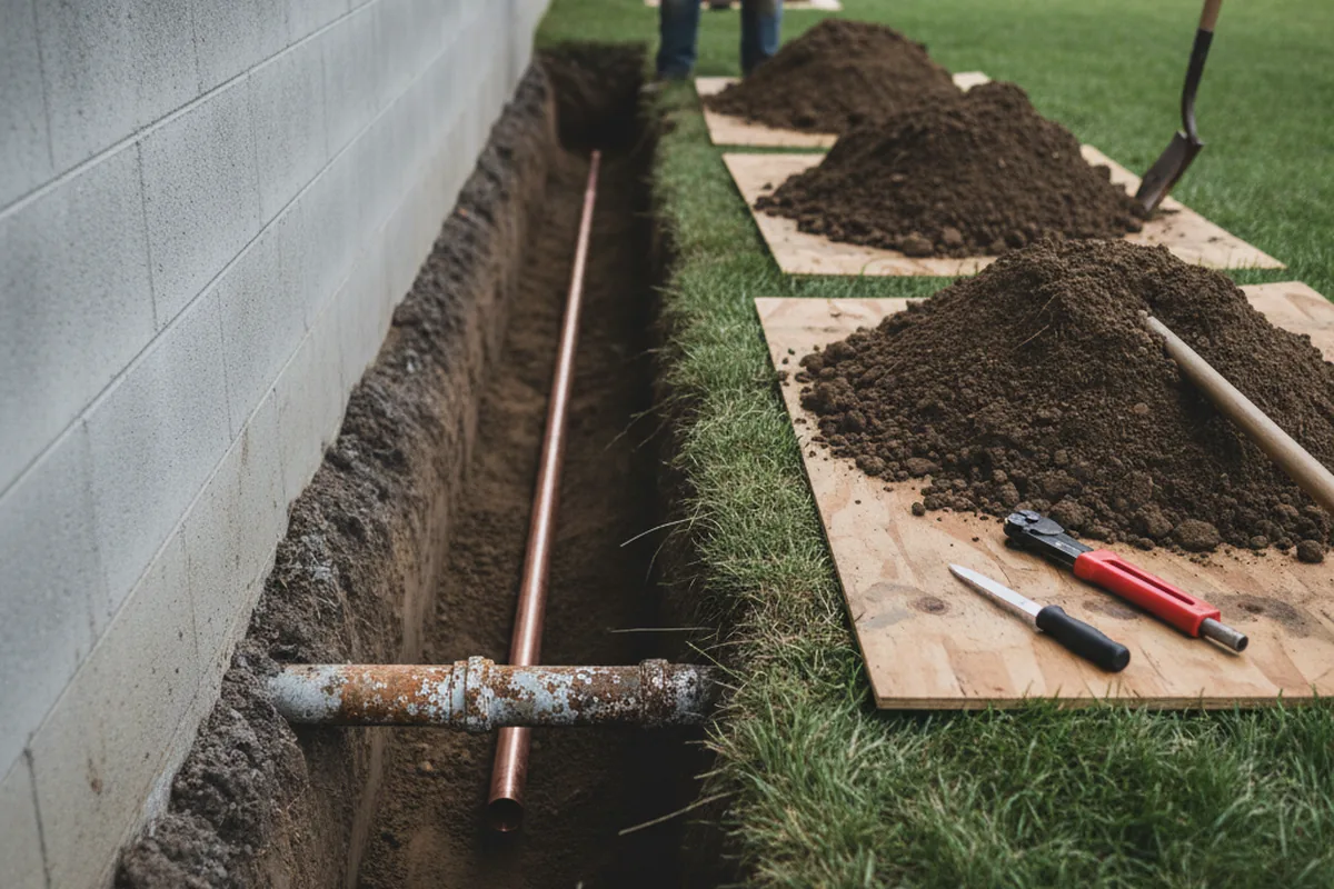 Excavated water line trench during Sewer Line Repair in Ohatchee